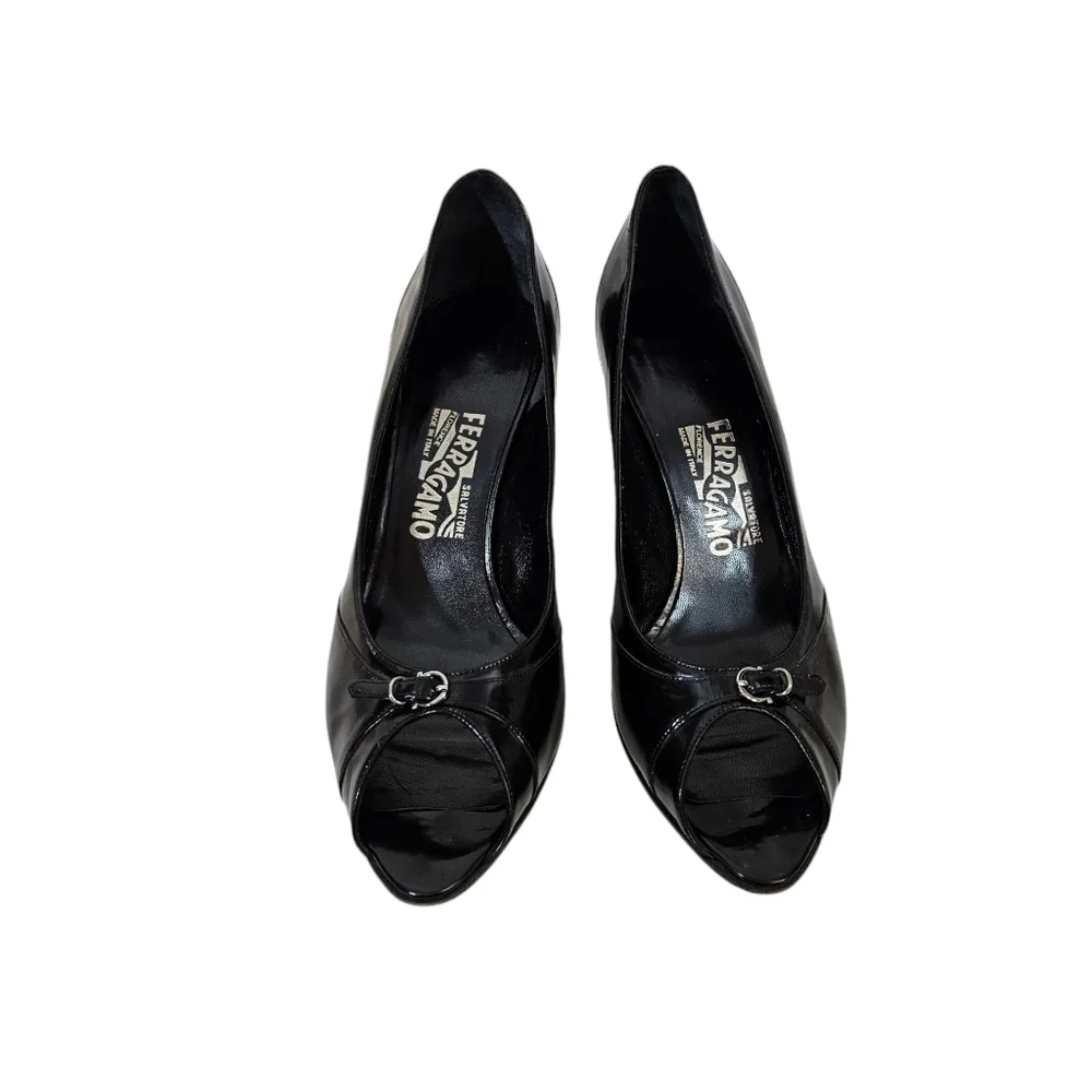 Ferragamo Black Leather Open Toed Heels